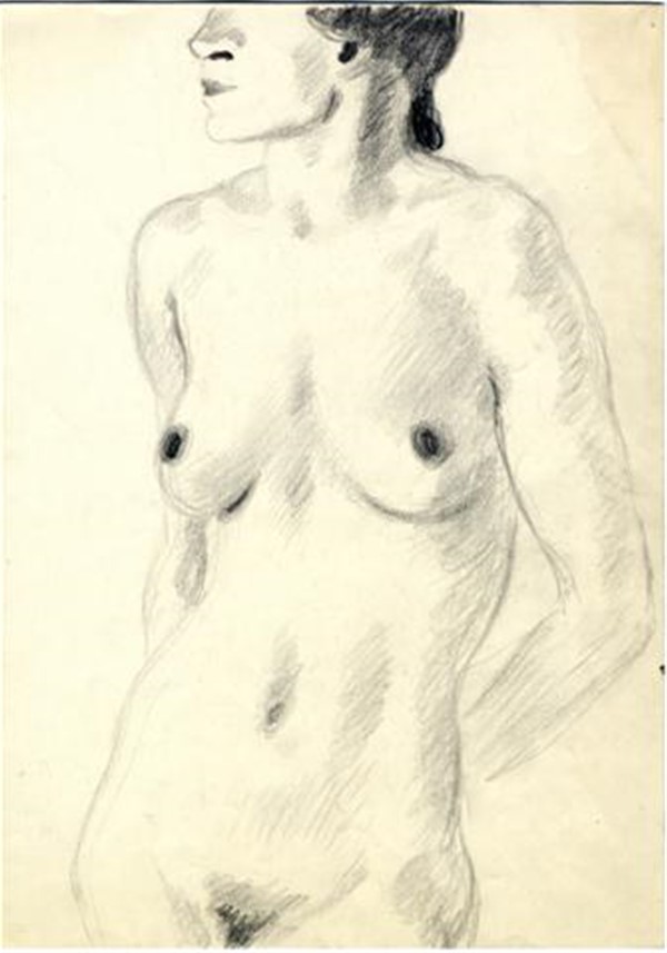 Tegning: Sort blyantstegning, nøgen kvinde
